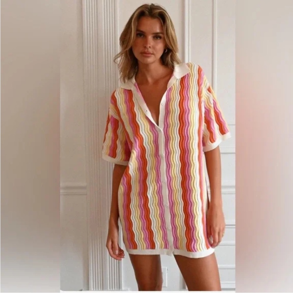 NWOT YLLW The Label Felix Knit Mini Striped Shift Dress M/L Sorbet